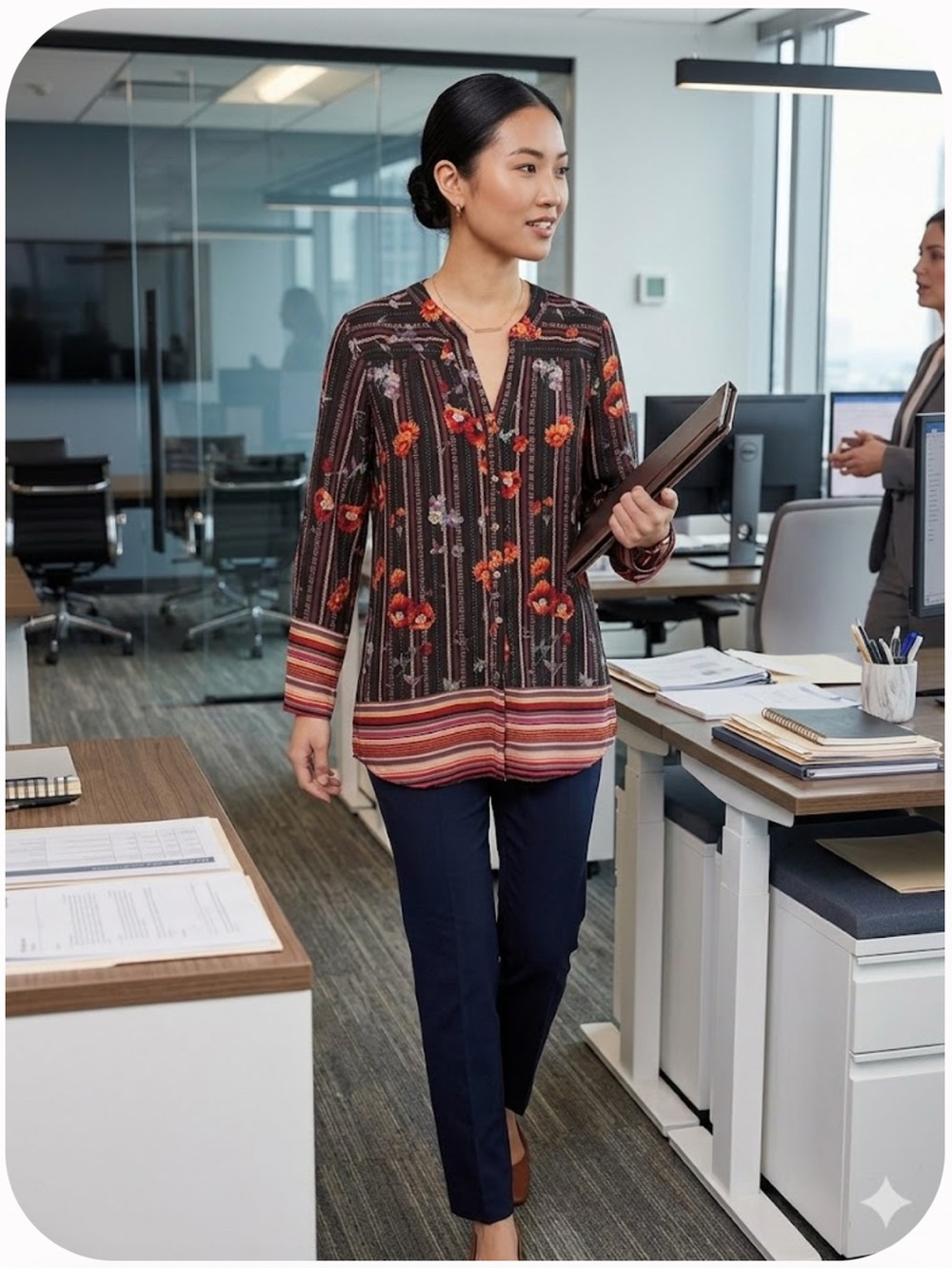 Black Floral Button-Front Tunic with Orange Accents